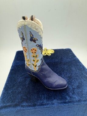 Miniature shoe collectible blue w/ floral accents wester boot 3x3.25” decor